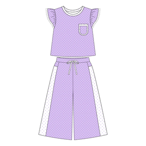 Vente en gros de hauts à manches volantées à pois pour fillettes avec poche et pantalon large, ensembles de 2 pièces, vêtements décontractés pour enfants - Product Image 5