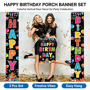 Buntes Happy <span class=keywords><strong>Birthday</strong></span> Veranda-Banner mit Schwarzem Hintergrund Türschild Kulisse Kinder Jungen Mädchen Geburtstagsparty Zubehör Hängedekoration - Product Image 1