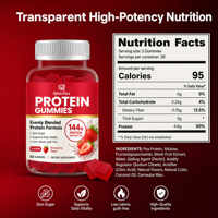 Gummies protéinés Qbioflex en marque privée, sans sucre, pour la prise de masse et le soutien immunitaire, 144g de protéines