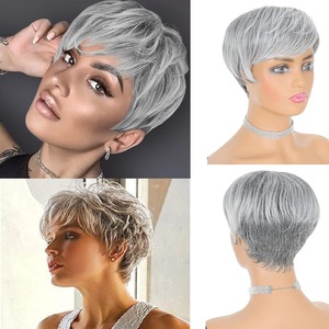 Pelucas Cortas de Cabello Humano Remy Brasileño 100% sin Pegamento, Hechas a Máquina, Estilo Pixie Bob, Color Gris, sin Encaje, <span class=keywords><strong>para</strong></span> Mujer, Estilo Ondulado - Product Image 1