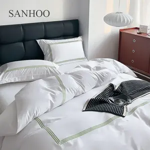 SANHOO三绣线酒店床单100% 棉床亚麻白色豪华床上用品套装酒店