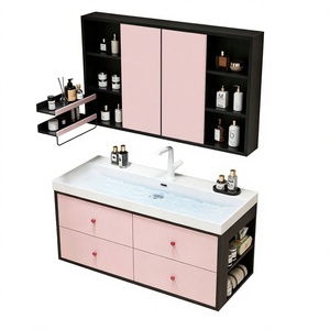 Mueble de Baño Moderno de Mediados de Siglo, Estilo <span class=keywords><strong>Bauhaus</strong></span>, con Espejo Pintado en Cerámica, Paneles Laterales Negros y Rosas, Gabinete de Almacenamiento - Product Image 1