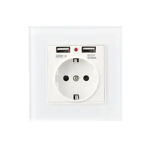 Toma de tierra estándar alemán de la UE, cristal templado, 250V, 16A, 86x86mm, con 2 enchufes de pared USB