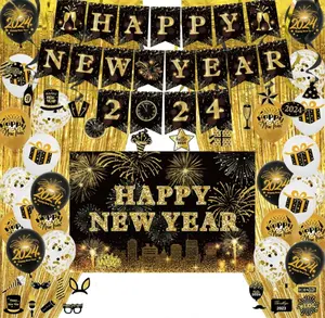 2024 chúc mừng năm mới treo Swirls Banner Poster kim loại bóng bay rìa Rèm đạo cụ hình ảnh cho năm mới Eve Nguồn cung cấp bên trang trí