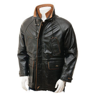 Men's Black Genuine Leather <b>Jacket</b> Stand Collar Moto Biker Style Windproof <b>Zipper</b> Closure <b>Pockets</b> Winter Wear - Product Image 1