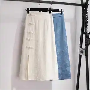 S-2XL Chinese style split skirt Early Autumn Retro Jacquard Plate Buckle A-line Wrap Hip One Step skirt
