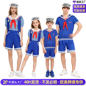 Stranger Things Ice Cream Parlor Sailor Costume Set Kids Unisex <b>Navy</b> Blue With Hat And Red <b>Tie</b> - Product Image 3