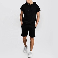 Ensemble décontracté d'été pour homme en coton respirant noir, avec logo tricoté sur le devant, Yanlu 260g, deux pièces : T-shirt et short à capuche