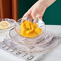 Assiettes de service en verre durables et lourdes Vaisselle en verre Assiette ronde Assiette transparente Fête classique avec de l'or