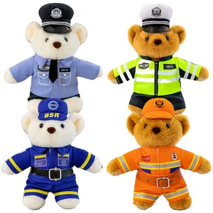 Toptan yumuşak sevimli doldurulmuş hayvan küçük itfaiyeci ayı ile üniforma ucuz peluş polis oyuncak oyuncak ayılar kap