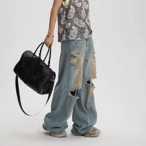 กางเกงยีนส์ขาดๆ ทรงหลวม สไตล์สตรีทแวร์ ฮิปฮอป วินเทจ ไซส์ใหญ่ รุ่นใหม่มาแรง ขายดี - Product Image 4