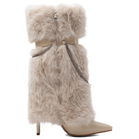 Bottes hautes en fourrure pelucheuse pour femmes, taille 47, talons hauts, chaîne métallique, bottes d'hiver fourrées, chaussures de neige