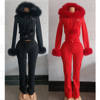 Ensemble de survêtement 2 pièces pour femme, de haute qualité, style dupe de marque, avec veste à fermeture éclair et col en fourrure personnalisé et pantalon de survêtement, pour l'hiver