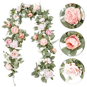 Guirlande de roses artificielles, feuilles roses, blanches et vertes, décorations de table et de chaises de mariage, style rotin 20233 - Product Image 2