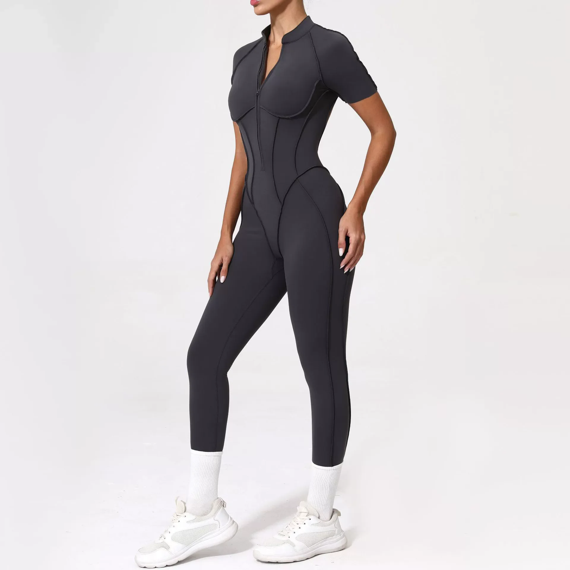 Zip-Up Activewear Jumpsuit: back view showing construction, seams and support