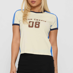 T-shirt à manches courtes pour femme, style Y2K vintage, coupe ajustée, motif imprimé <span class=keywords><strong>Mon</strong></span> Cherie 08, col rond, avec panneaux latéraux rayés, streetwear décontracté - Product Image 1