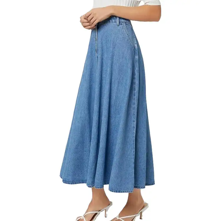 Women Long Skirt Denim Denim New Arrival Jean Women Solid Color Long Skirt Nature Waist Female Big Hem Casual Button Long Denim Skirt