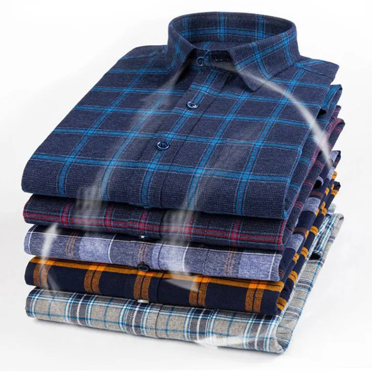 high quality Oem Casual Oversize Button Down Collar Long Sleeve Flannel Plaid Check Pattern Cotton Shirts blue For Mens