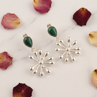 Anting Bentuk Bunga dengan Batu Malachite Alami Berlapis Perak Perhiasan Kuningan Wanita Gaya Vintage Bohemia Anting Fashion