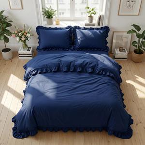 Set di Biancheria da Letto in Cotone <span class=keywords><strong>Blu</strong></span> con Volant, <span class=keywords><strong>Copripiumino</strong></span> in Stile Vintage con 2 Federe, Regalo per Coppie - Product Image 3