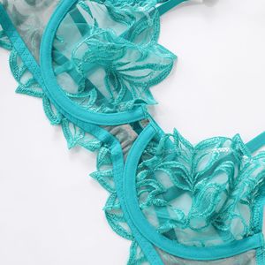 <b>Green</b> <b>Sexy</b> Lace Leaf Embroidery <b>Lingerie</b> Set Women Underwire Mesh Bra and Thong Panties 2 Piece See Through Underwear Set - Product Image 4