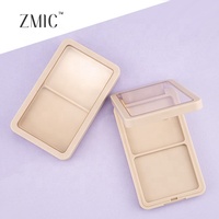 Boîtier compact 2 couleurs nude avec fenêtre transparente pour poudre, palette de blush, fard à paupières et illuminateur, et emballage personnalisable avec logo