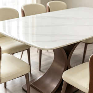 Juego de mesa de comedor rectangular moderno de piedra sinterizada, tapa con aspecto de mármol blanco, base curva marrón con 6 sillas de PU, muebles de comedor - Product Image 3