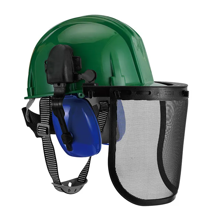 임업 전기 톱 작업자 하드 햇 키트 헤드 보호 장비 이어 머프 및 메쉬 실드 바이저가있는 녹색 헬멧 안전 장비