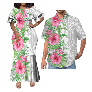 Vente en gros directe robe hawaïenne en queue de poisson à col style tropical pour hommes tenue de couple de grande taille tissu en mousseline de soie lavable - Product Image 1