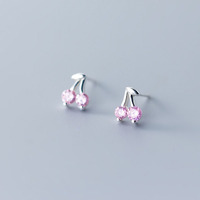 Schattige S925 zilveren roze zirkoon kersen oorhangers 925 sterling zilver dubbele kersen oorhangers