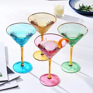 Vintage Art Deco Coupe Hand-Blown Durable Luxury Crystal Martini Colored Stemmed Multi-Color Cocktails Glasses