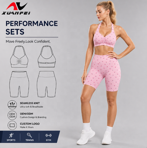 <span class=keywords><strong>Ensemble</strong></span> de yoga sans couture imprimé cerises pour <span class=keywords><strong>femme</strong></span>, rose, 2 pièces, tenue d'entraînement, soutien-gorge dos nu à col en V, short taille haute, vêtements de <span class=keywords><strong>sport</strong></span> et fitness - Product Image 1