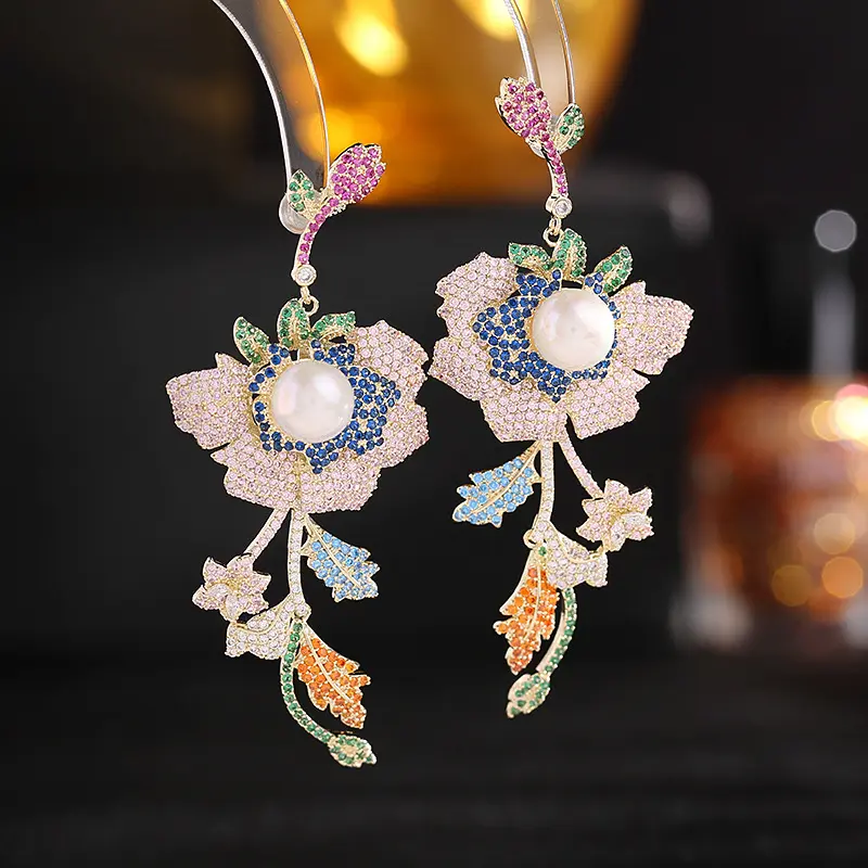 S925 Silver Needle Slightly Set with Zircon Exaggerate Magnificent Flower Pearl Earrings Colorful Evening Dress with Earrings