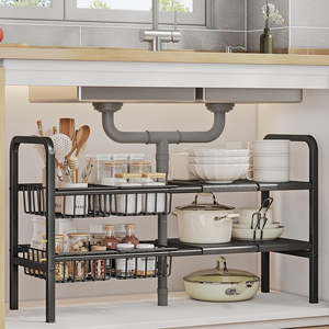 Organisateur d'évier de cuisine en métal à 2 niveaux, plateau de rangement extensible à longueur réglable, support autoportant à double niveau - Product Image 4