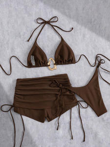 Conjunto de Bikini de 3 Piezas para Mujer, con Anillo Metálico, Top Triangular, Traje de Baño de Color Sólido con Tiras, Shorts de Playa, Traje de Baño Sexy al por Mayor - Product Image 4