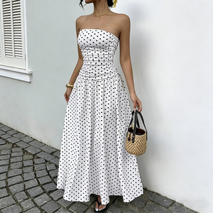 Abito lungo da donna 2026 senza spalline <span class=keywords><strong>a</strong></span> <span class=keywords><strong>pois</strong></span>, vintage, arricciato, <span class=keywords><strong>a</strong></span> vita alta, linea ad <span class=keywords><strong>A</strong></span>, fluido, per vacanze estive al mare - Product Image 2