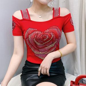 T-shirt Trendy <span class=keywords><strong>con</strong></span> <span class=keywords><strong>Cuore</strong></span> <span class=keywords><strong>Rosso</strong></span> in Strass, Maniche Corte, Lussuoso Fiore di Diamanti, Spalle Scoperte, Traspirante in Rete - Product Image 1