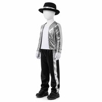 Veste à paillettes argentées pour enfants, costume de spectacle sur scène, chapeau Fedora, gants, pantalon, tenue de spectacle de danse