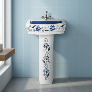 Fancy <b>Rustic</b> Blue Square Ceramic Pedestal Wash Basin Lavabo Set For Villa Mall <b>Bathroom</b> Modern Design - Product Image 4