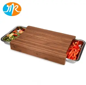 Cutting Board with Trays Wood Chopping Board for Kitchen with 2 Stainless Steel Pull Out Sliding Drawer Tray Containers