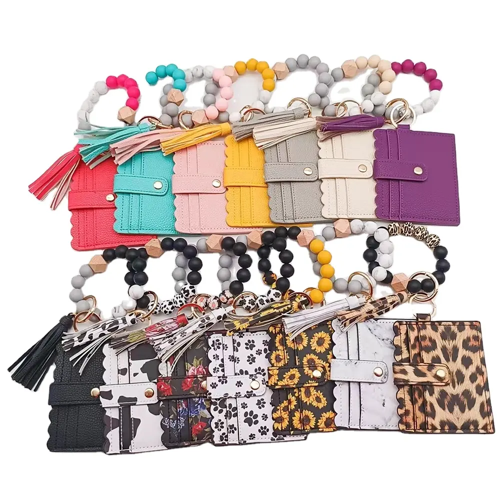 Mulheres personalizadas Silicone Bead Wristlet keychain carteira titular do cartão pu couro chaveiros borla senhoras moeda bolsa Wristlet Keychain