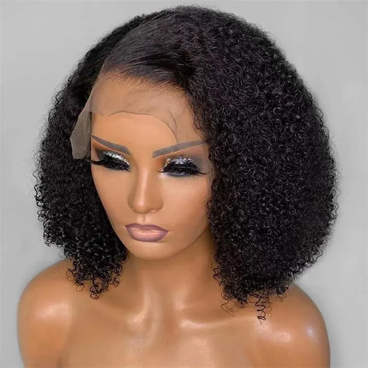 Pelucas rizadas Afro mongol, cabello humano brasileño, peluca Bob rizada, HD película transparente, pelucas frontales de encaje suizo para mujeres negras