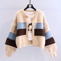 Cardigan rose à col rond pour femme, anti-rides, design color block, pull décontracté en maille, manches lanternes, boutonné – Stock disponible