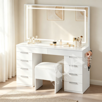 Coiffeuse moderne blanche avec grand miroir LED, ensemble de bureau de maquillage pour chambre à coucher avec tabouret rembourré