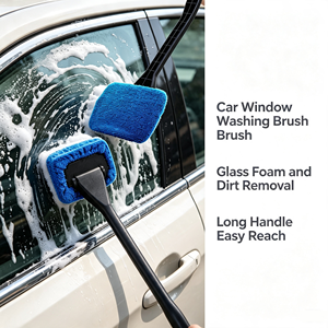 Blue Microfiber Cleaning <b>Brush</b> <b>Scrub</b> Sponge Long Handle Window Glass Cleaning Pad for Car Auto - Product Image 2
