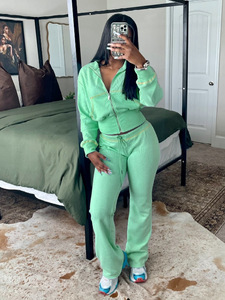 Conjuntos Deportivos para Mujer de <span class=keywords><strong>2</strong></span> Piezas con Logotipo Personalizado para Otoño, Chaqueta con Cremallera y Pantalones Anchos de Tejido Waffle para Gimnasio y Jogging - Product Image 2