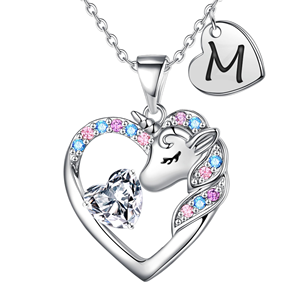 IEFRICH Collana con cuore di unicorno in ottone e cristallo con iniziale M, regalo per ragazze dai 4 ai 12 anni - Product Image 1