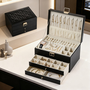 Boîte à bijoux en cuir grande capacité avec 3 tiroirs et serrure à clé pour bagues, boucles d'oreilles, colliers - Product Image 3