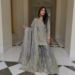 Grey Embroidered Silk Anarkali Suit For Women Traditional Indian Pakistani Style Floor-Length Regular Fit Wedding Wear - Product Image 1