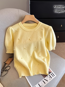 Pull en maille perlée pour femme 2026, manches courtes, épaules bouffantes, jaune beurre, col rond, en mélange de trois fibres, chic et décontracté - Product Image 5